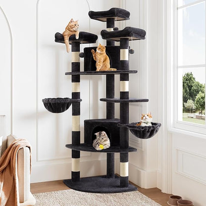Allewie 73in Fan-Shaped Space-Saving Corner Cat Tower/Multi-Level Tall Cat Tree for Indoor Kitties/Cozy Baskets/Condos/House/Perches/Sisal Scratching Posts/Pet Activity Center/Dark Grey