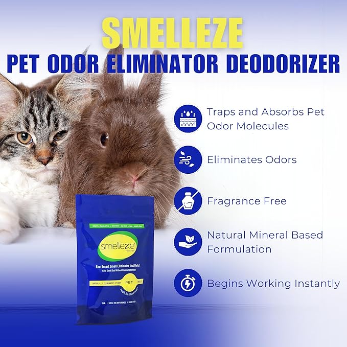 SMELLEZE Natural Pet Odor Eliminator Deodorizer: 2 lb. Unscented Granules Rids Strong Pet Waste Stench. Perfect for Pet or Small Animal Habitats. Mix with Bedding.