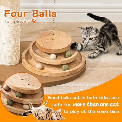 Natural Wood Modern Cat Tree with Top Cats Bed, Unique Cute Cats Furniture Activity Centre with Sisal Rope Scratching Posts, Cats Tower Condo with Interactive Cat Toy Tree