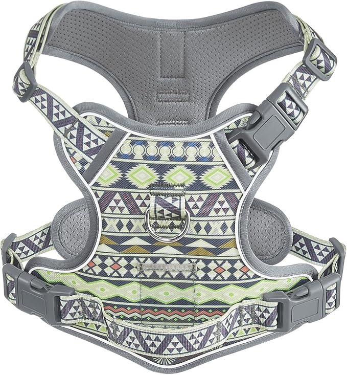 Dog Vest Harness No Pull Easy Walker Pet Harness for Walking Training Hiking for M Sized Dogs with 2 Leash Clips 3 Buckles ID Card Reflective Strip Soft Padded Handle, Tribal, French Bulldog