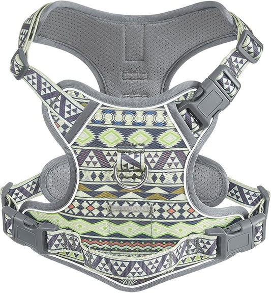 Dog Vest Harness No Pull Easy Walker Pet Harness for Walking Training Hiking for M Sized Dogs with 2 Leash Clips 3 Buckles ID Card Reflective Strip Soft Padded Handle, Tribal, French Bulldog