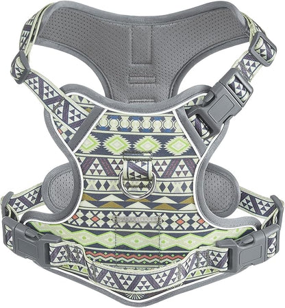 Small Dog No Pull Dog Harness, Pet Harness with ID Card Reflective Strip Soft Padded Handle, Adjustable Vest Harness for Walking Hiking Training, Geometric Pattern, Beagle, Gray Ethnic, S