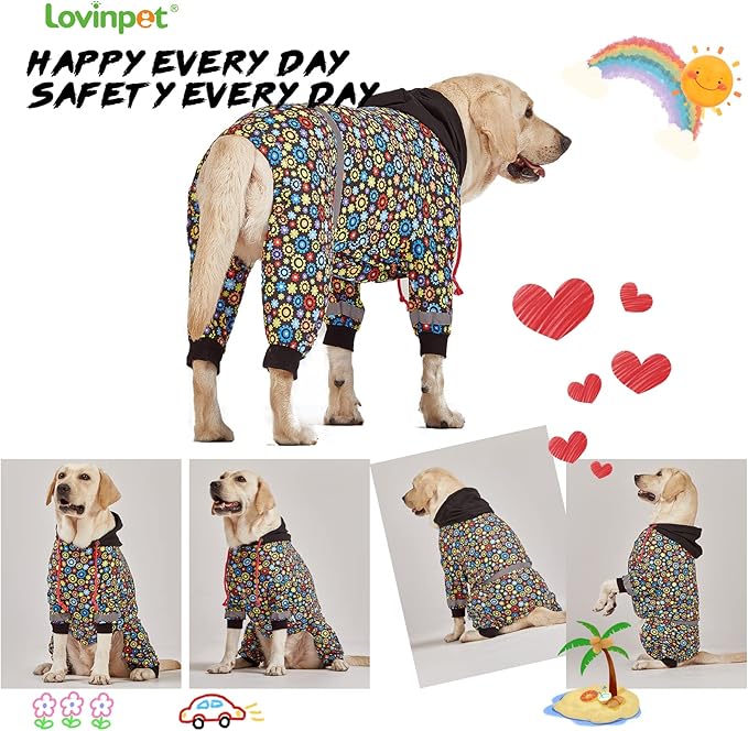 LovinPet Large Big Dog Onesies, Wound Care/Post Surgery Dog Shirt, Stop Shedding for Dogs, Pet Anxiety Relief Pajamas, PJ's for Dogs, Reflective Stripe, Gears and Black Print, Pet PJ's, 3XL