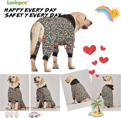 LovinPet Large Big Dog Onesies, Wound Care/Post Surgery Dog Shirt, Stop Shedding for Dogs, Pet Anxiety Relief Pajamas, PJ's for Dogs, Reflective Stripe, Gears and Black Print, Pet PJ's, 3XL