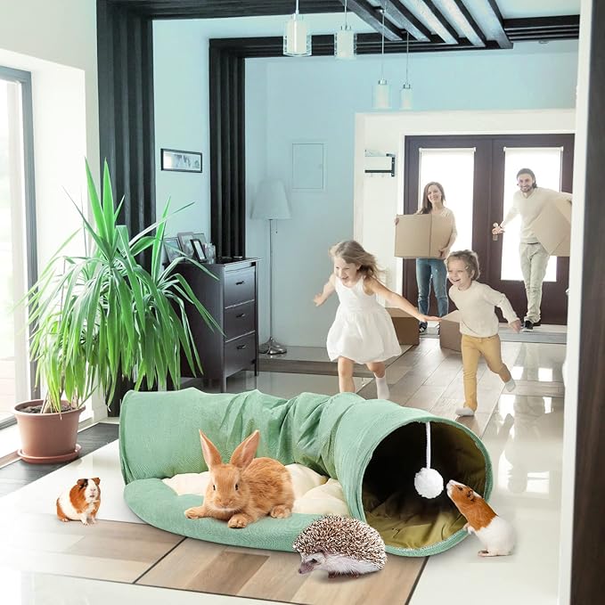 BWOGUE Bunny Tunnel Bed, 2-in-1 Collapsible Tunnel Tubes Toys with Removable Mat Hideout for Cats Kittens Rabbits Guinea Pigs Kitty