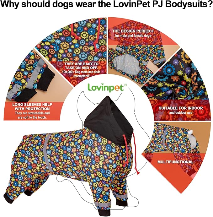 LovinPet Large Big Dog Onesies, Wound Care/Post Surgery Dog Shirt, Stop Shedding for Dogs, Pet Anxiety Relief Pajamas, PJ's for Dogs, Reflective Stripe, Gears and Black Print, Pet PJ's, L