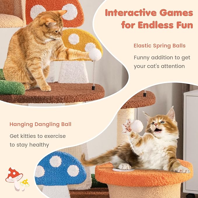 Tangkula Mushroom Cat Tree, Multi-Level Cute Cat Tower with Full-Wrapped Sisal Posts, Scratching Boards & Interactive Balls, 2 Cat Condo, Flower Cat Tree Tower for Indoor Cats Large Adult (57.5 Inch)