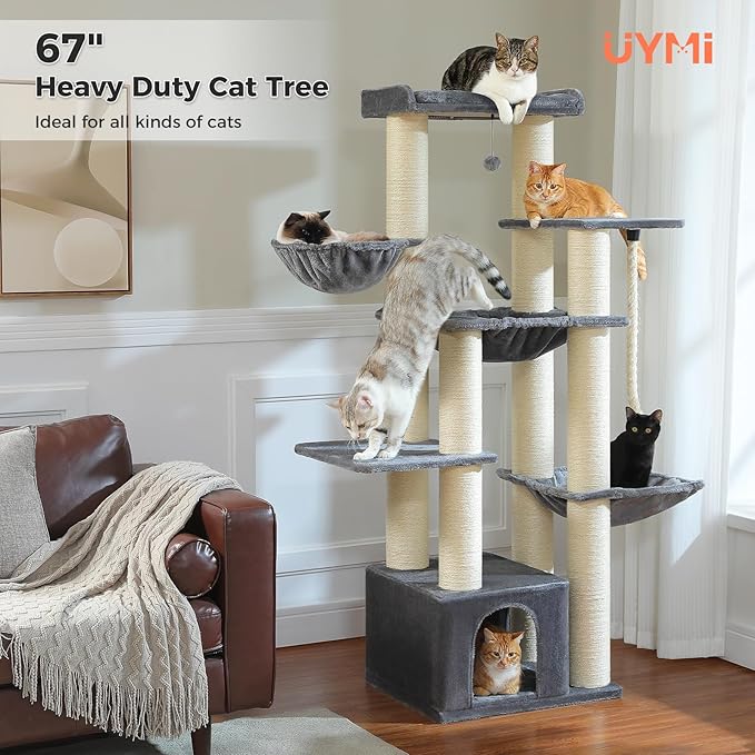 67" Heavy Duty Cat Tree for Indoor Cats Large Adult, XXL Cat Tower with 13 Thick Scratching Posts (φ4.3), Large Perch, Spacious Condo & Big Hammock - for Maine Coon up to 20 lbs, Grey