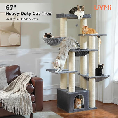67" Heavy Duty Cat Tree for Indoor Cats Large Adult, XXL Cat Tower with 13 Thick Scratching Posts (φ4.3), Large Perch, Spacious Condo & Big Hammock - for Maine Coon up to 20 lbs, Grey