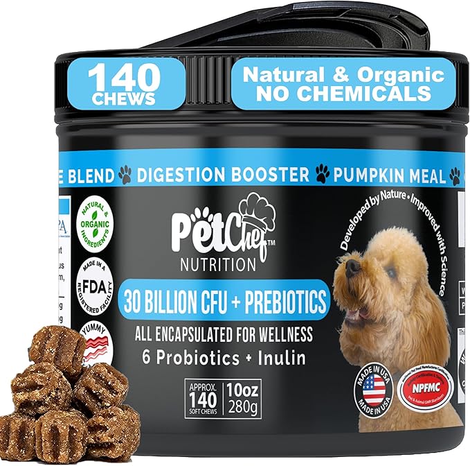Pet Chef Dog Probiotics: Cannine Gut Issues? Smelly Breath, Runny Eyes, Paw Licking. Imrove Dog Digestion Health. Multi Strain Pre & Probiotics for Dogs Fixes Poop Issues. 140ct Best Value!