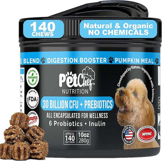 Pet Chef Dog Probiotics: Cannine Gut Issues? Smelly Breath, Runny Eyes, Paw Licking. Imrove Dog Digestion Health. Multi Strain Pre & Probiotics for Dogs Fixes Poop Issues. 140ct Best Value!