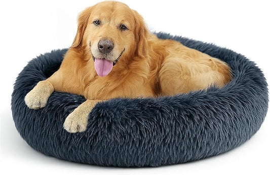 Deconovo Calming Donut Dog Bed, Washable Plush Round Pet Bed for Small Dogs & Cats with Raised Rim, Non-Slip Base and Soft Faux Fur—Lightweight, Easy-Care Design Dark Grey 37" L x 37" W x 8" Th
