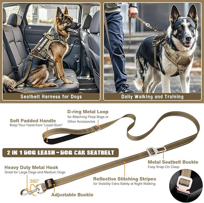 Tactical Dog Harness and Leash Set for Large Dogs,Heavy Duty No Pull Service Dog Vest and 10 Patches with Dog Seat Belt,Reflective Adjustable Pet Harness for Training Walking Hiking Camo XL