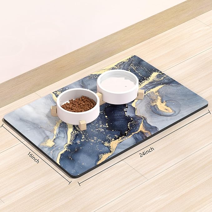 Rnivvi Dog Food Mat, 16" x 24" Marble Absorbent Dog Cat Bowl Mat for Food and Water, Cute Anti-Slip Rubber Pet Feeding Rug Protect Floors, Puppy Placemat for Feeding & Watering Supplies, Grey