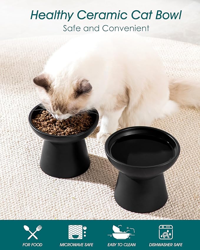 vancasso Ceramic Elevated Cat Bowls 2-Pack - 6.2" Extra Wide Raised Cat Food & Water Dishes, 5.1" Optimal Height Anti-Whisker Fatigue Shallow Bowls for Cats/Kittens/Dogs, Lead & Cadmium Free (Black)