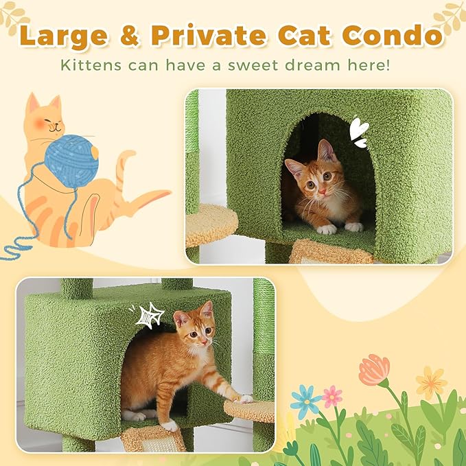 PETEPELA Floor to Ceiling Cat Tree, Adjustable 90.5''-100.4'' Cat Tower Cactus Climbing Tree with Scratching Posts, Spacious Condo and Large Hammock for Indoor Cats Large Adult, Green