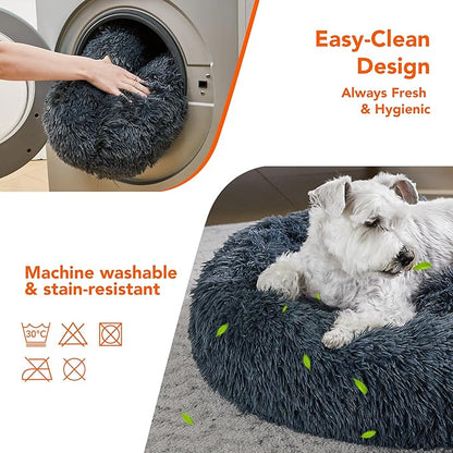 Deconovo Calming Donut Dog Bed, Washable Plush Round Pet Bed for Small Dogs & Cats with Raised Rim, Non-Slip Base and Soft Faux Fur—Lightweight, Easy-Care Design Dark Grey 37" L x 37" W x 8" Th