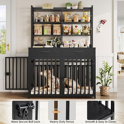 Keyluv 71''H x 47.2''W Large Dog Crate Furniture with 4-Tier Shelves and 2 Storage Drawers, Heavy Duty Dog Cage Furniture with 2 Doors, Wood & Metal Dog Kennel Indoor for Small/Medium/Large Dog, Black