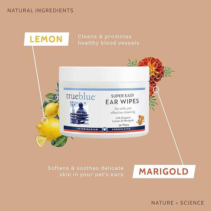 TrueBlue Lemon & Marigold Super Easy Dog Ear Wipes – Pre-Moistened Puppy Pads for Ear Cleaning – Cleansing Ear Wipe for Dogs, Puppies – Non-Toxic, All-Natural – 50 Count
