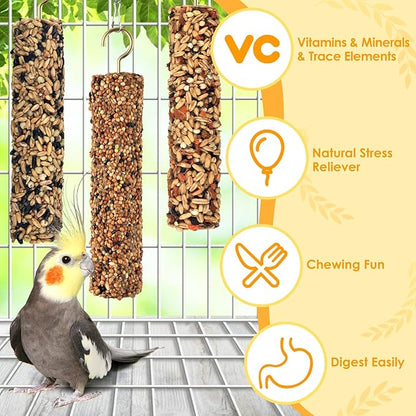 KATUMO 3PCS Bird Treats Parrot Crunch Sticks Parakeet Grains Mixed Treats Cockatiel Snacks Budgie Food Sticks for Lovebird Conure Myna Canary Parrots
