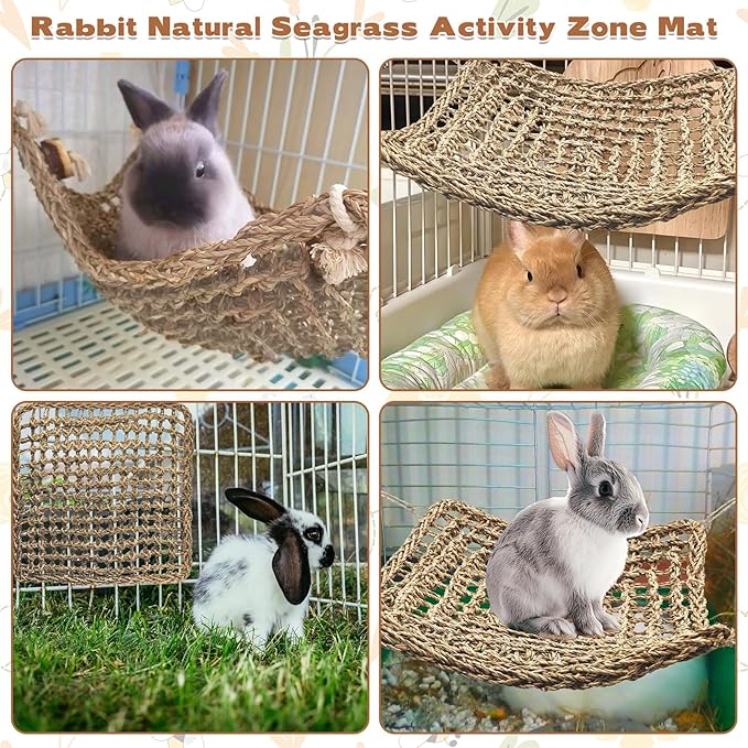 kathson Rabbit Hammock Swing 15.7 x 15.7 inch Rabbit Natural Seagrass Activity Zone Mat Guinea Pig Hammock Bunny Chew Toys for Small Animal Ferret Parakeet Bearded Dragon Chinchilla