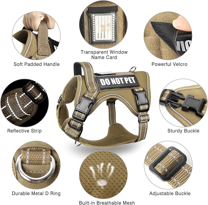 Tactical Dog Harness and Leash Set Medium Sized Dog,Heavy Duty No Pull Service Dog Vest and 10 Patches with Dog Seat Belt,Reflective Adjustable Pet Harness for Training Walking Hiking Brown M