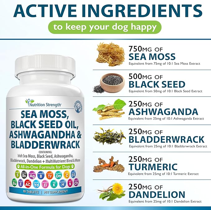 Sea Moss for Dogs 750mg Black Seed Oil 500mg Ashwagandha 250mg Turmeric 250mg Bladderwrack 250mg Dandelion 250mg & Vitamin C Vitamin D3 with Elderberry Manuka Yellow Dock 90 Tablets