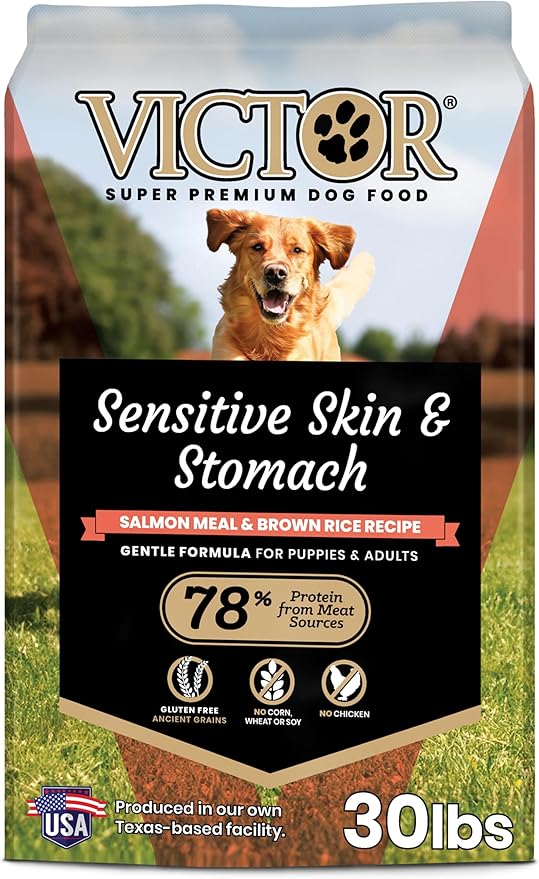 VICTOR Super Premium Dog Food — Sensitive Skin and Stomach — Salmon Meal & Brown Rice Recipe Dry Kibble — Gluten Free, No Chicken, Ideal for Dogs with Allergies — Adult and Puppy Food, 30 lb