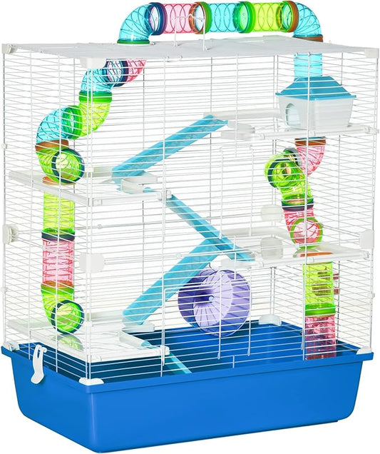 PawHut Extra Large 23" Hamster Cage with Tubes and Tunnels, Portable Carry Handles, Rat House and Habitats Big 5-Tier Design, Mouse Cage Includes Exercise Wheel, Water Bottle, Food Dish, Blue
