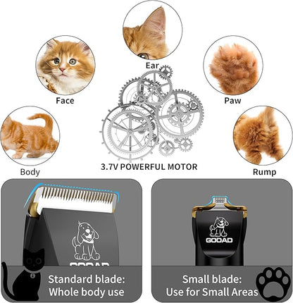 Cat Clippers, Professional Cat Grooming Kit, Cordless Cat Grooming Clippers for Thick Coats, Cat Hair Trimmer, Low Noise Cat Shaver Clippers, Quiet Pet Hair Clippers Tools for Cats Dogs (Black)