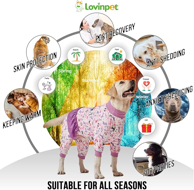 LovinPet Long Sleeve Onesie for Large Dogs, High Collar Cotton Dog Shirt, Anti-Shedding, Lightweight Stretchy Knit, Stop Shedding for Dogs, Pink Puppy Print, Shirt for Under Dog Dresses, Pet PJ's, M