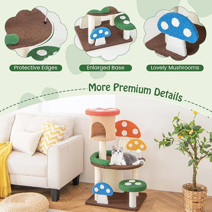 Tangkula Mushroom Cat Tree, Cute Cat Tower with Full-Wrapped Sisal Post, Scratching Board & Spring Ball, Cat Condo, Flower Cat Tree Tower for Indoor Cats Large Adult (40.5 Inch)