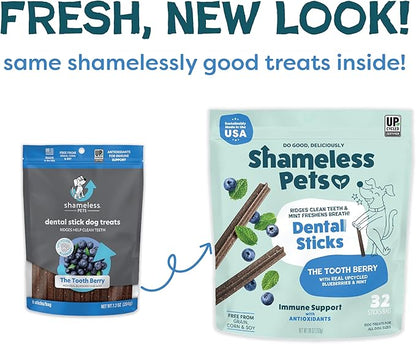 Shameless Pets Toothberry Dental Chews for Dogs – Natural Dog Dental Sticks for Fresh Breath, Teeth Cleaning & Removes Tartar, Grain-Free Dog Treats, No Corn or Soy, 32 Sticks