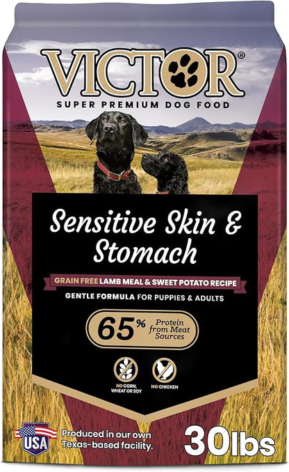 VICTOR Super Premium Dog Food— Sensitive Skin and Stomach— Grain Free Lamb Meal and Sweet Potato Recipe Dry Kibble— Gluten Free, No Chicken, Ideal for Dogs with Allergies — Adult and Puppy Food, 30 lb