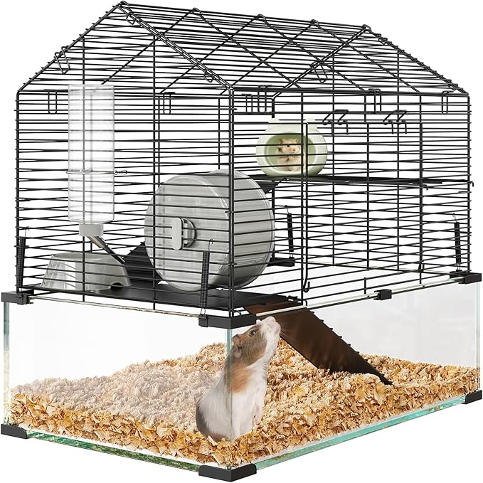 3 Tiers Large Hamster Cages, Metal Guinea Pig Cages Habitat with 4pcs Hamster Cages Accessories, Transparent Small Animal Habitat for Rodent, Guinea Pigs,Chinchilla, Amster, Hedgehog-Metal and Glass