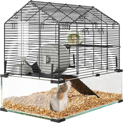 3 Tiers Large Hamster Cages, Metal Guinea Pig Cages Habitat with 4pcs Hamster Cages Accessories, Transparent Small Animal Habitat for Rodent, Guinea Pigs,Chinchilla, Amster, Hedgehog-Metal and Glass