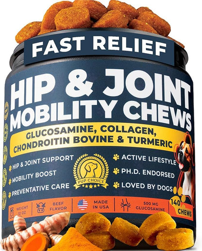 Glucosamine for Dogs 500mg – Hip & Joint Support Treats with Collagen, Chondroitin & Turmeric – PhD Endorsed Formula - Mobility Supplement for Dogs – 140 Chews – Beef Flavor – Made in USA