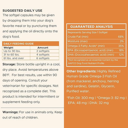 Wild Caught Omega 3 Fish Oil for Dogs - 180 Softgel Capsules for Healthy Skin and Coat - 300 mg Mini Dog Fish Oil Pills for Shedding, Dry Itching Skin, and Hot Spots - Pet Omega Salmon Supplement