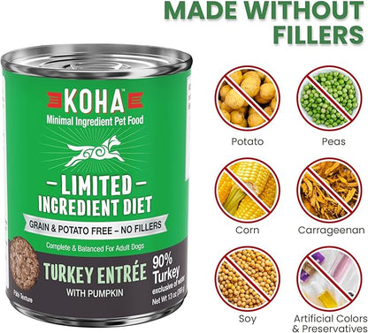 KOHA Limited Ingredient Diet Turkey Entrée for Dogs - Grain Free Wet Dog Food with No Fillers - Sensitive Stomach Canned Dog Food - 13 oz Pack of 12