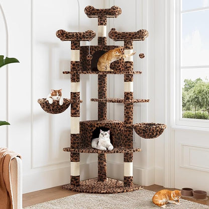 Allewie 73in Fan-Shaped Space-Saving Corner Cat Tower/Multi-Level Tall Cat Tree for Indoor Kitties/Cozy Baskets/Condos/House/Perches/Sisal Scratching Posts/Pet Activity Center/Leopard Print