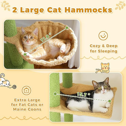 PETEPELA Floor to Ceiling Cat Tree, Adjustable 90.5''-100.4'' Cat Tower Cactus Climbing Tree with Scratching Posts, Spacious Condo and Large Hammock for Indoor Cats Large Adult, Green