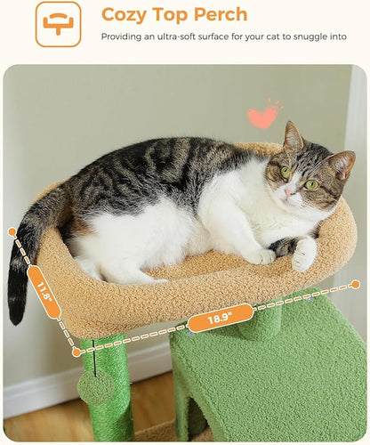 PEQULTI 45.7'' Cactus Cat Tree for Indoor Cats with Metal Frame Big Hammock, Cat Tower for Small or Medium Cats with Cat Condo House, with Scratching Posts and Top Perch, Green
