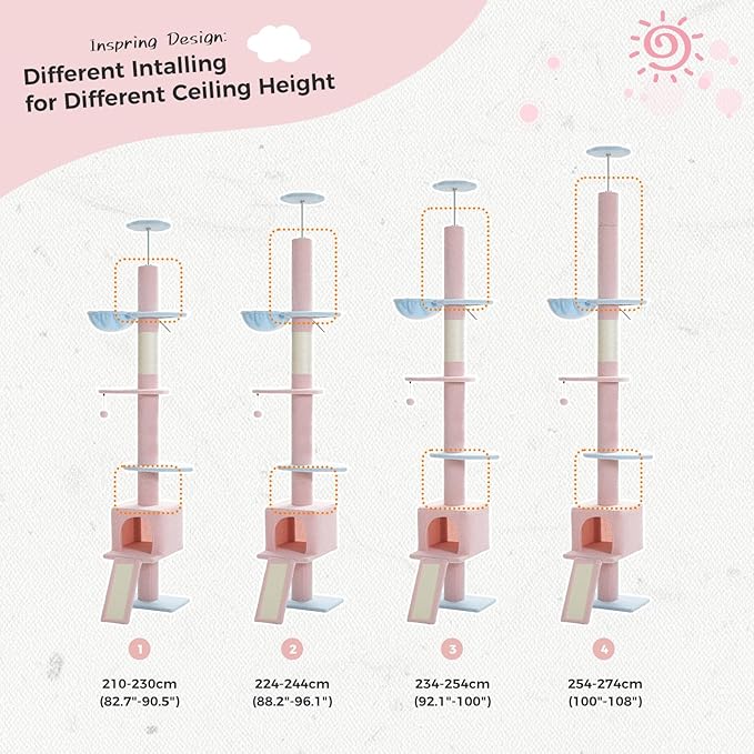 PETEPELA Floor to Ceiling Cat Tree[83"-108"], Cat Tower 5 Levels, Height Adjustable, Cat Scratching Post with Top Perches and Spacious Condo for Large Indoor Cats, Blue