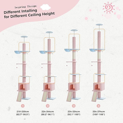 PETEPELA Floor to Ceiling Cat Tree[83"-108"], Cat Tower 5 Levels, Height Adjustable, Cat Scratching Post with Top Perches and Spacious Condo for Large Indoor Cats, Blue