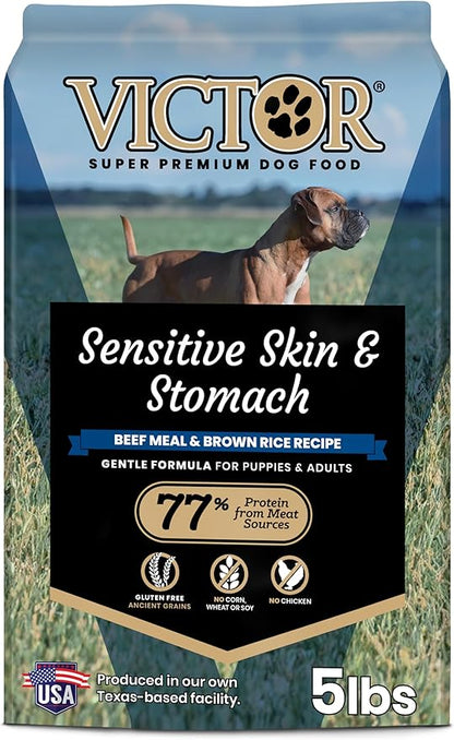 VICTOR Super Premium Dog Food — Sensitive Skin and Stomach — Beef Meal & Brown Rice Recipe Dry Kibble — Gluten Free, No Chicken, Ideal for Dogs with Allergies — Adult and Puppy Food, 5 lb