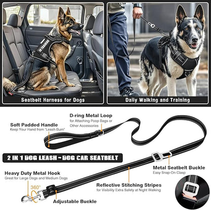 Tactical Dog Harness and Leash Set for Large Dogs,Heavy Duty No Pull Service Dog Vest and 10 Patches with Dog Seat Belt,Reflective Adjustable Pet Harness for Training Walking Hiking Black L