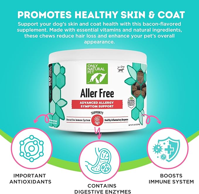 ONLY NATURAL PET AllerFree Advanced Allergy Support for Dogs w/Quercetin & Probiotics - Immune, Respiratory, Skin & Coat Health - Itchy Paws & Licking - Bacon-Flavored 60 Soft Chewable