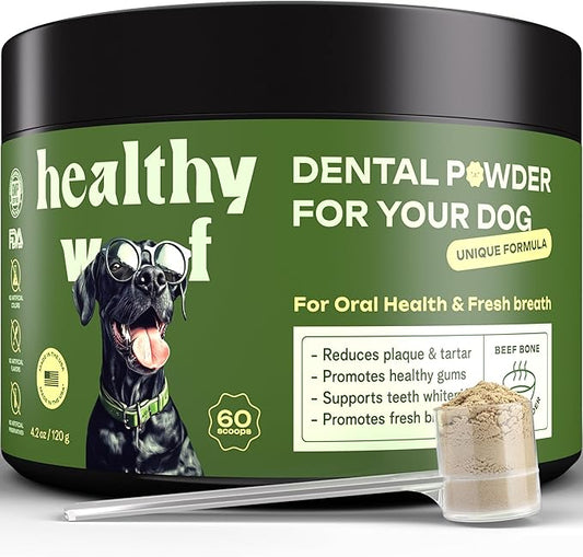 Dental Powder for Dogs - Complete Oral Care Bone Broth, Dog Teeth Cleaning Powder, Tartar Remover, Fresh Breath, Sensitive Stomach Support, No Brush Dental Care, 4.2 oz, 60 Scoops