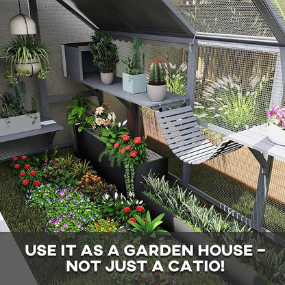 PawHut Large Catio Outdoor Cat Enclosure for Multiple Kittens, Wooden Cat House with Waterproof Cover, Walk in Kitty Cage Kennel with 2 Condos, 6 Platforms, Bridge, Doors, 110" x 73" x 74", Gray