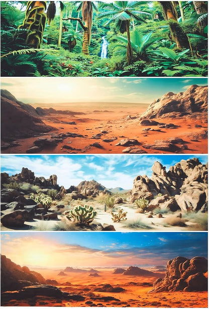 Breling 4 Pcs 48 x 18 Inch Reptile Habitat Background with Nano Glue Gobi Sun Cactus Stone and Green Tree Fern Stream Terrarium Background Polyester Durable Aquarium Accessories